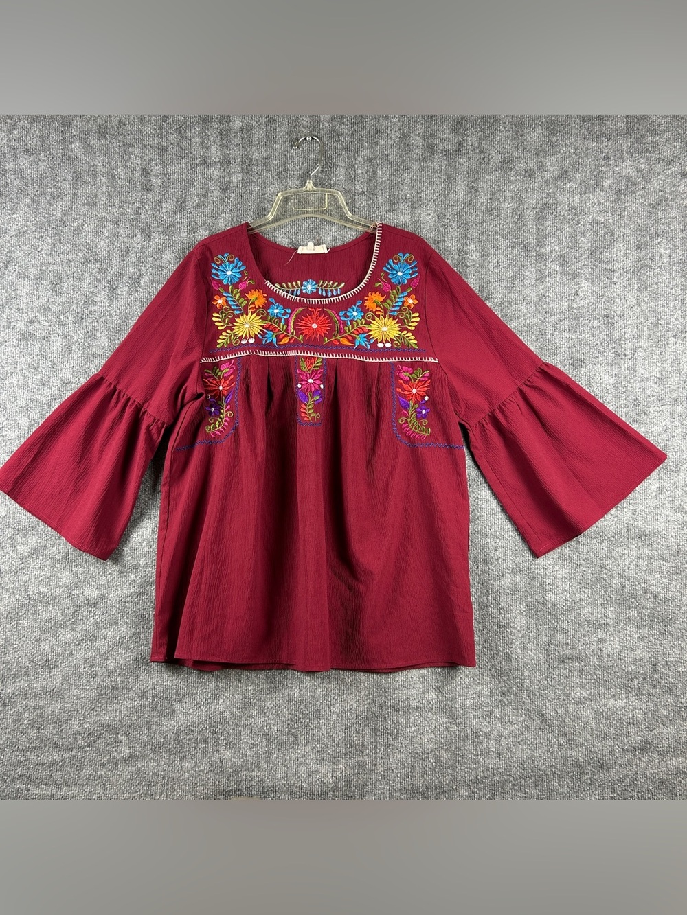 Entro Burgundy Crinkle Crepe Floral Embroidered Bell Sleeve Peasant Top Size XL